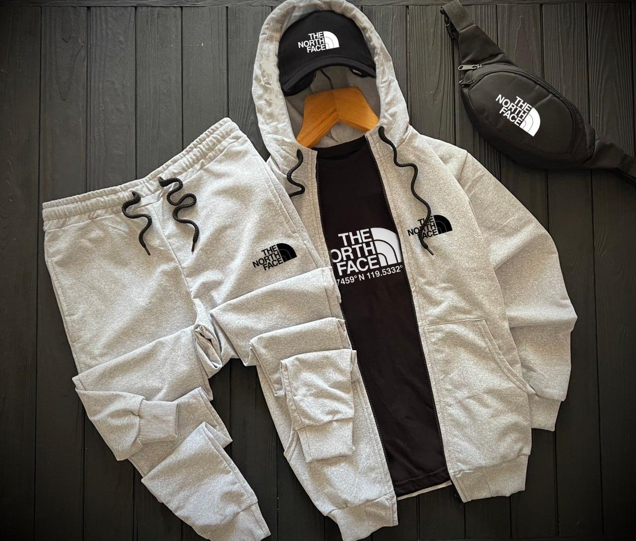 Комплект чоловічий спортивний костюм The North Face футболка бананка кепка весняний осінній Тнф сірий