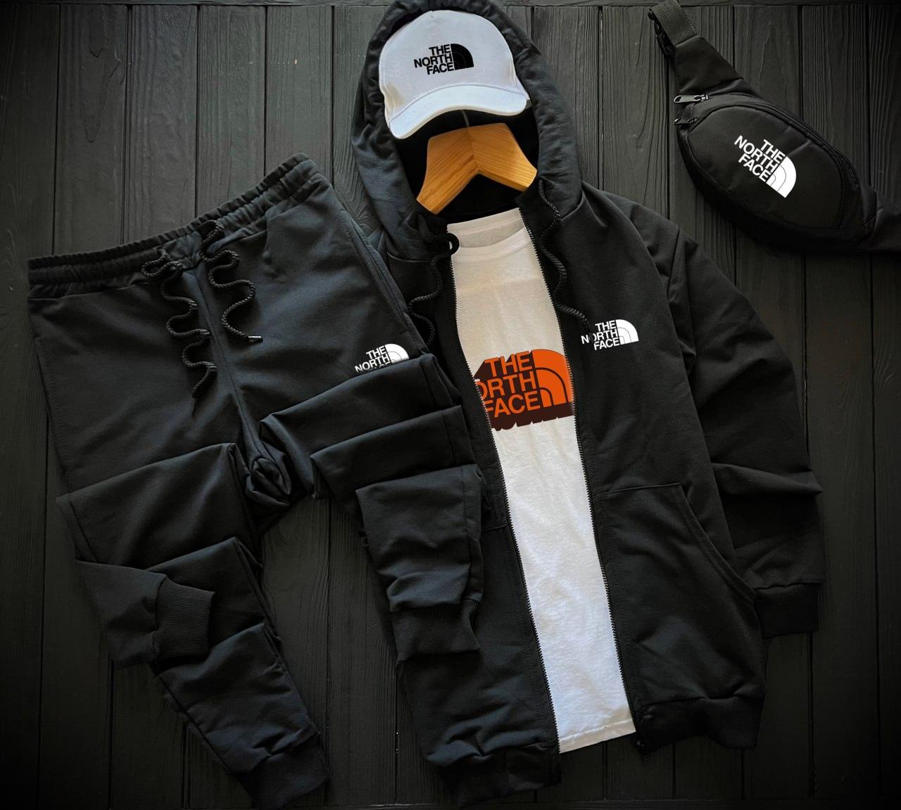 Комплект чоловічий спортивний костюм The North Face футболка бананка кепка весняний осінній Тнф чорний