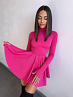 Приталенное платье гольф с расклешенной юбкой в рубчик и с рукавами митенками (р. S, M) 66PL5419Е Розовый, М