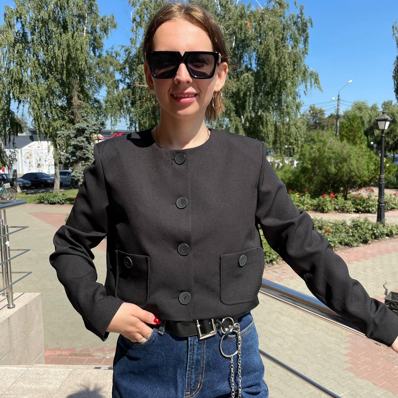 Піджак Модниця жіночий короткий з кишенями довгий рукав 48 чорний, фото 1