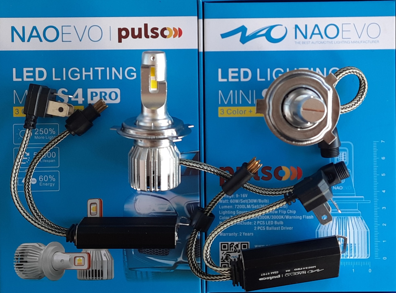 КОМПЛЕКТ: LED-лампи Pulso NAOEVO S4 H4 3000K/4300K/6500K Flip Chip/9-16V/30W/3600Lm