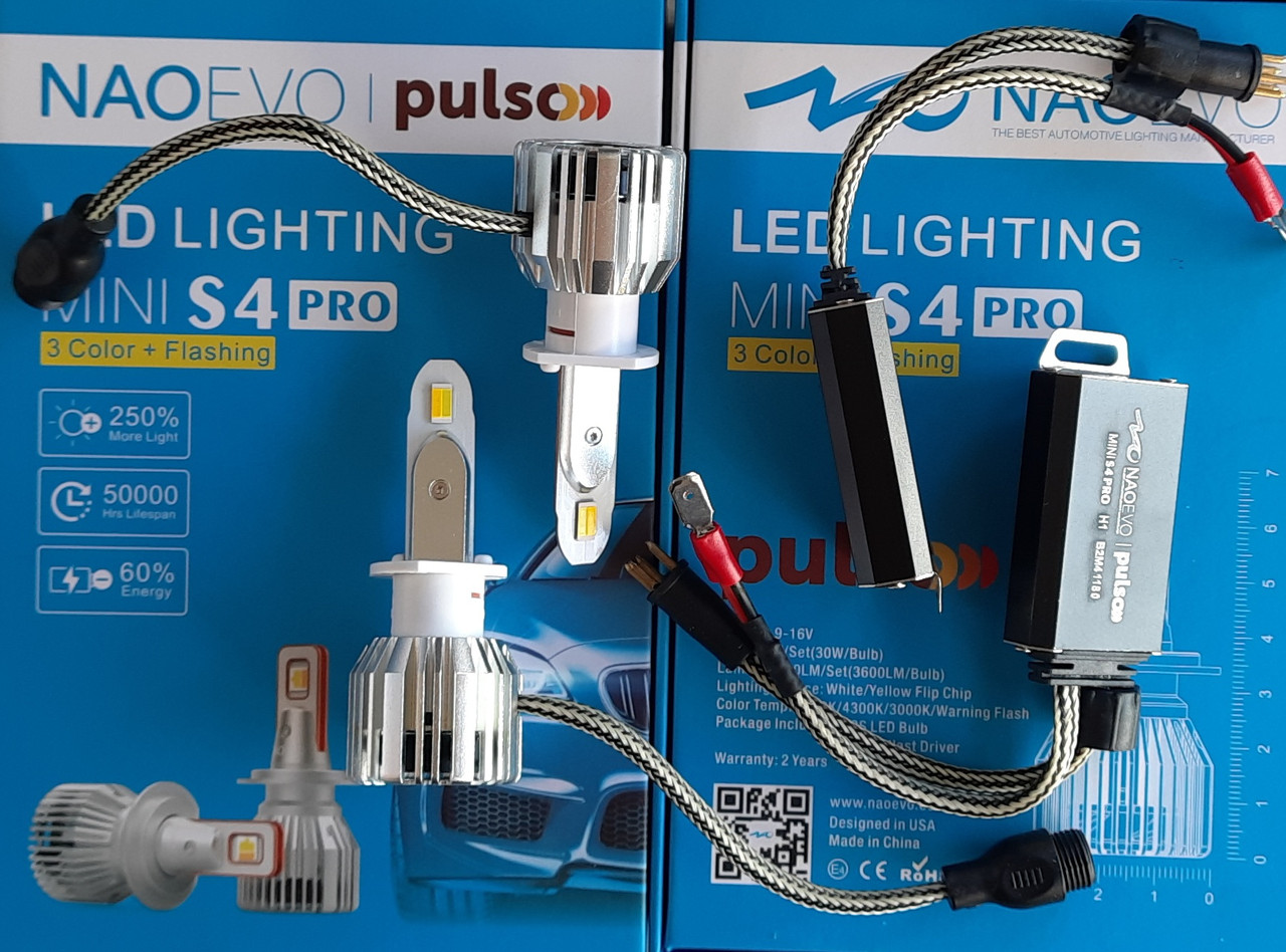 КОМПЛЕКТ: LED-лампи NAOEVO S4 H1 3000K/4300K/6500K Flip Chip/9-16V/30W/3600Lm