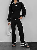 Женский вязаный костюм со свитером поло и расклешенными штанами (р. OS) 77ks3219 Черный
