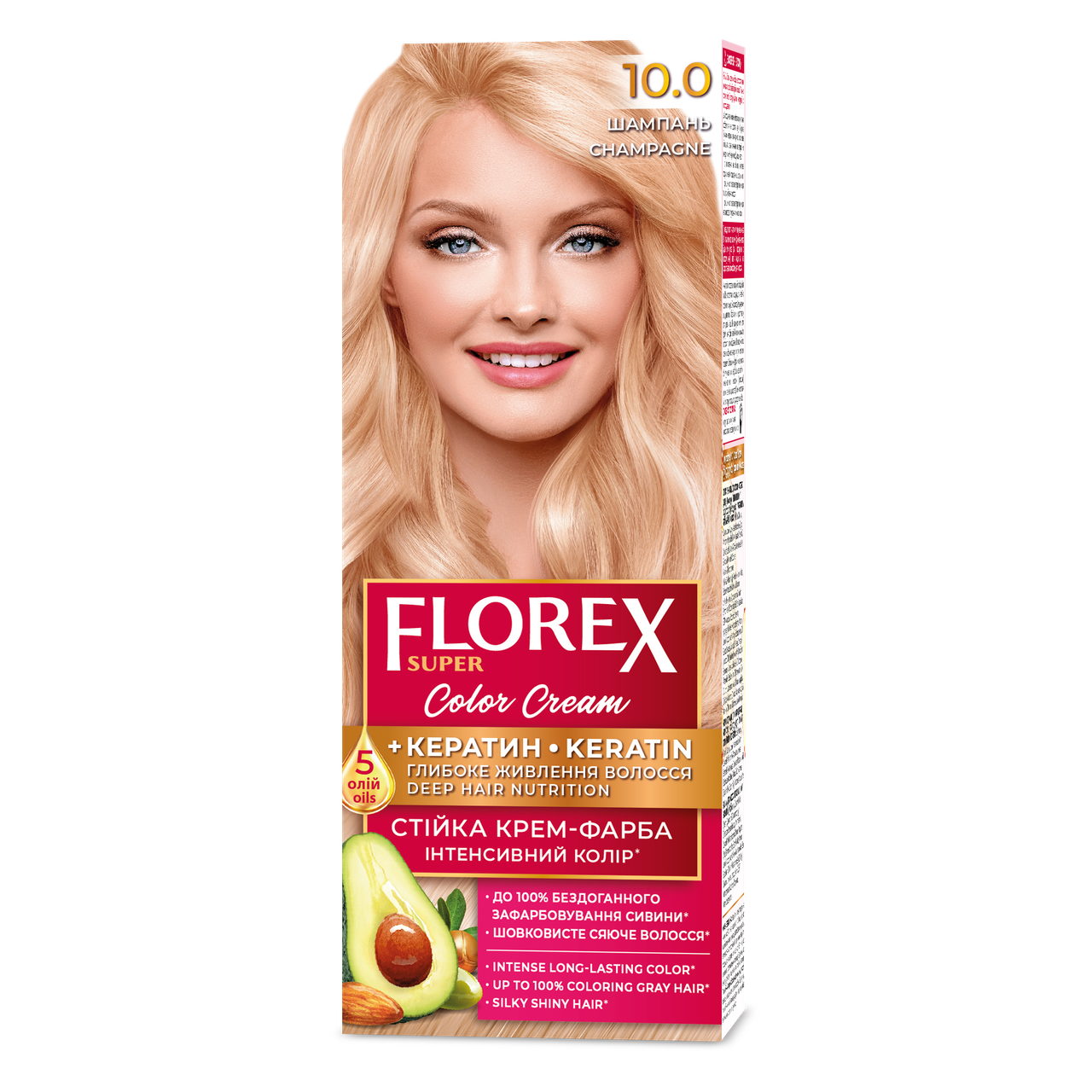 Стійка крем-фарба для волосся Florex КЕРАТИН 10.0 Шампань, 120 мл