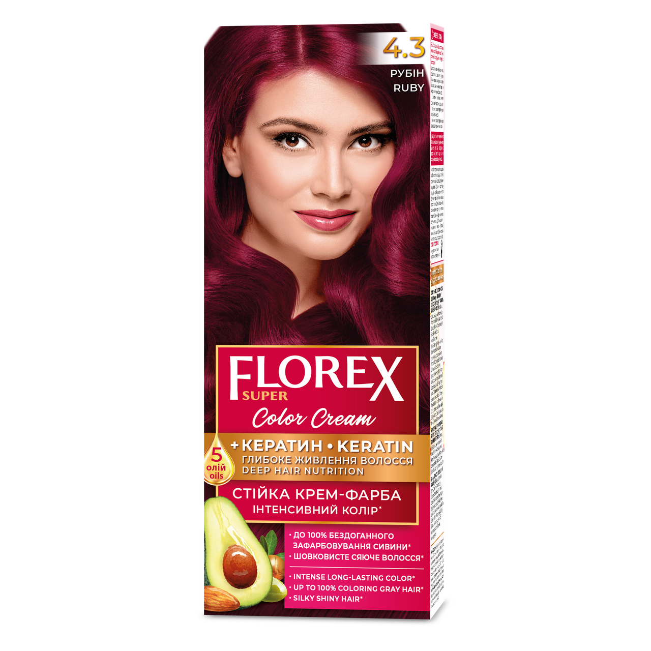 Стійка крем-фарба для волосся Florex КЕРАТИН 4.3 Рубін, 120 мл
