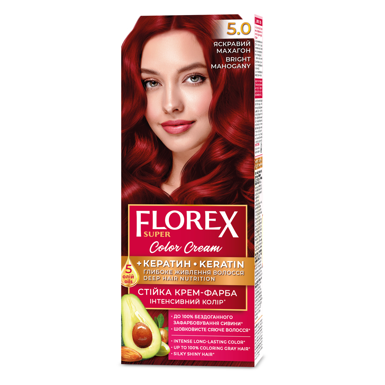 Стійка крем-фарба для волосся Florex КЕРАТИН 5.0 Яскравий махагон, 120 мл, фото 1
