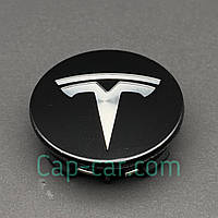 Ковпачок, заглушка для колісного диска Тесла. Tesla, чорний з хромованим логотипом. 57 мм.