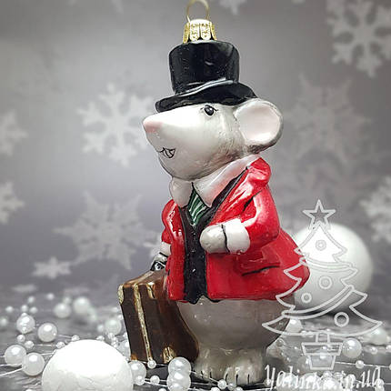 Скляна ялинкова іграшка мышонок с чемоданом Komozja Family Santa Claus, фото 2