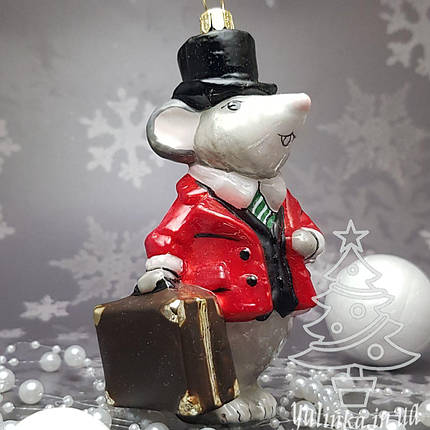 Скляна ялинкова іграшка мышонок с чемоданом Komozja Family Santa Claus, фото 1