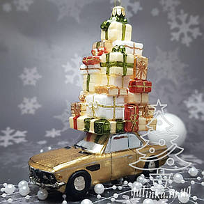 Скляна ялинкова іграшка золотое авто с подарками BMW Komozja Family Santa Claus, фото 4