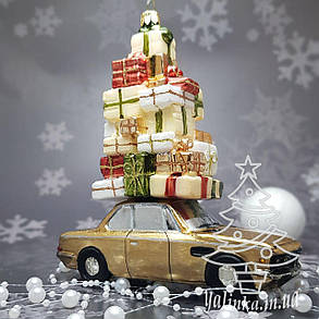 Скляна ялинкова іграшка золотое авто с подарками BMW Komozja Family Santa Claus, фото 3