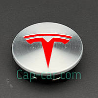 Ковпачок, заглушка для колісного диска Тесла. Tesla, хромований з червоним логотипом. 57 мм.