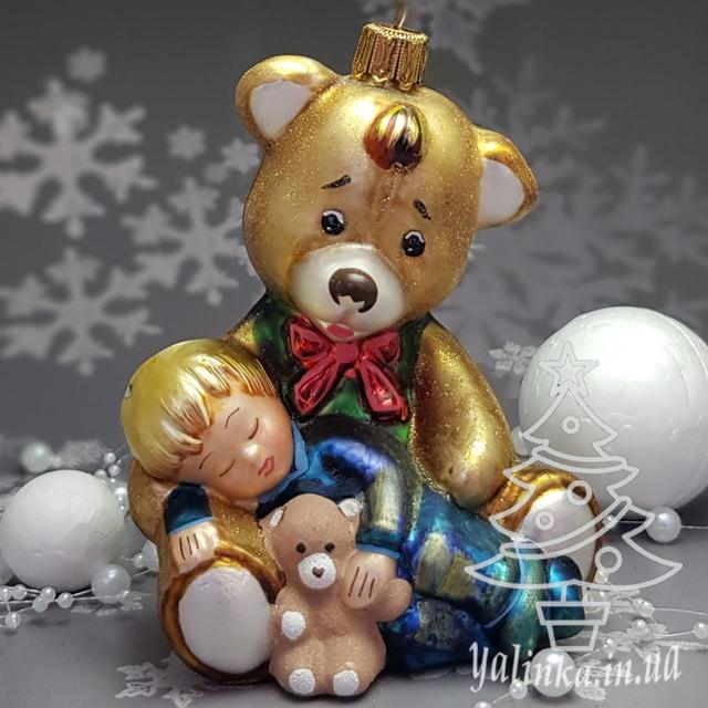 стеклянная игрушка на елку Мишка с ребьенком на руках  Komozja Mostowski Impuls yalinka.in.ua