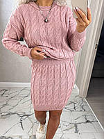 Женский вязаный костюм свитер и юбка с узором косы из полушерсти Кmod1718