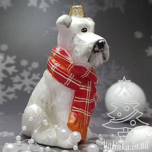 Скляна ялинкова іграшка Собачка белый терьер в красном шарфе Komozja Family Santa Claus, фото 1