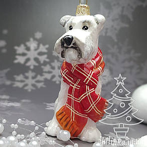 Скляна ялинкова іграшка Собачка белый терьер в красном шарфе Komozja Family Santa Claus, фото 3