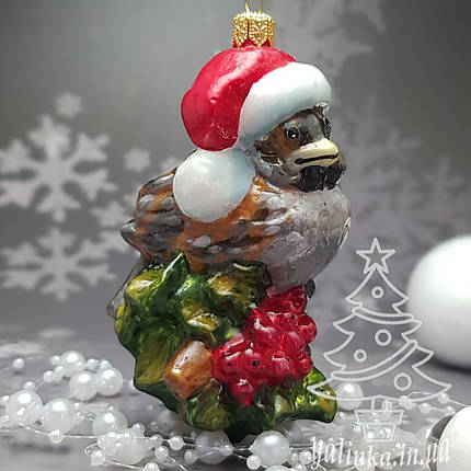 Скляна ялинкова іграшка воробей на калине Komozja Family Santa Claus, фото 2