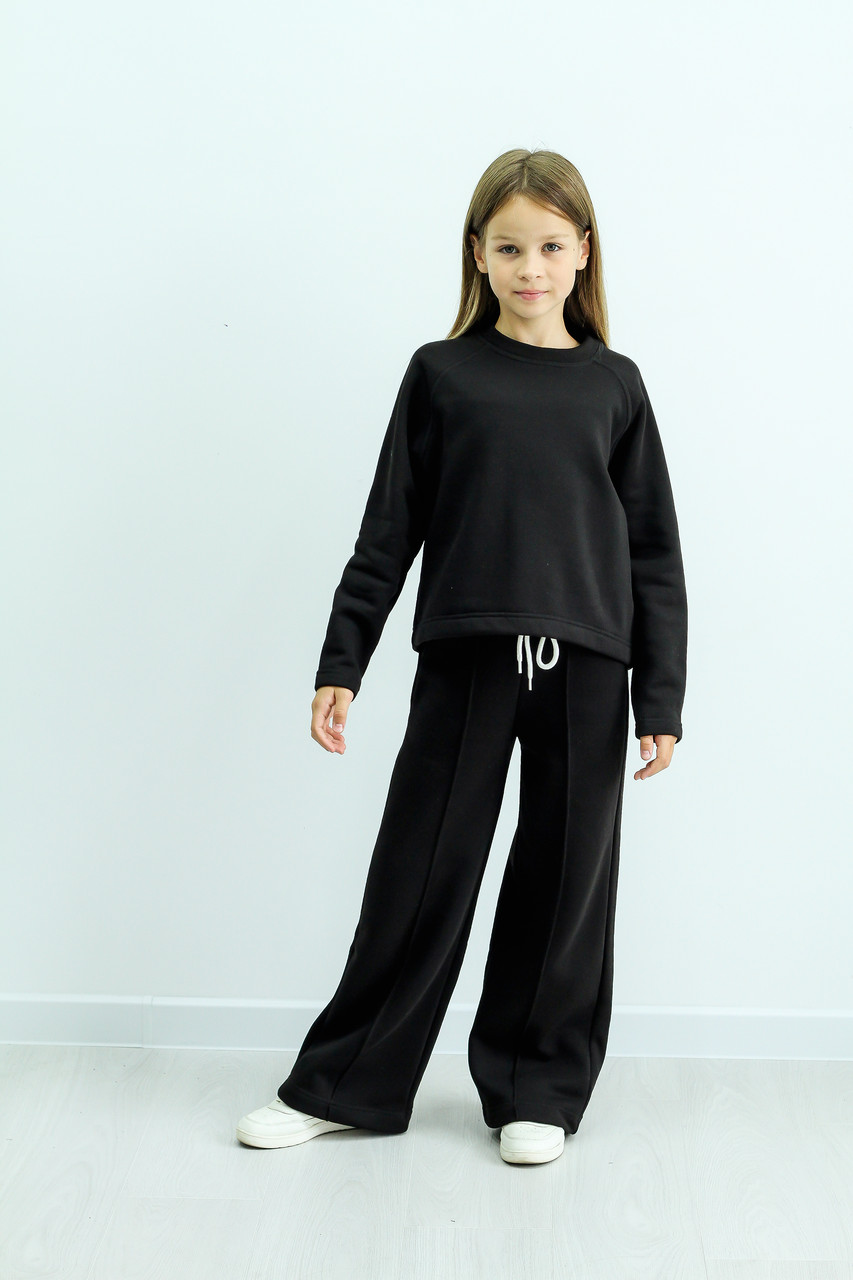 Костюм для дівчинки утепленийтурецька тринитка на флісі кофта реглан і штани палацо-колір чорний