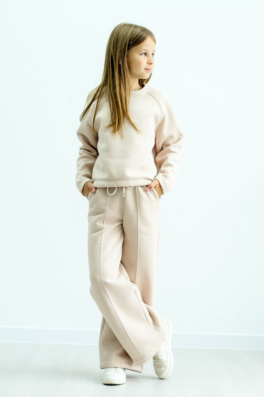 Костюм для дівчинки утеплений турецька тринитка на флісі кофта реглан і штани палацо-колір молочний