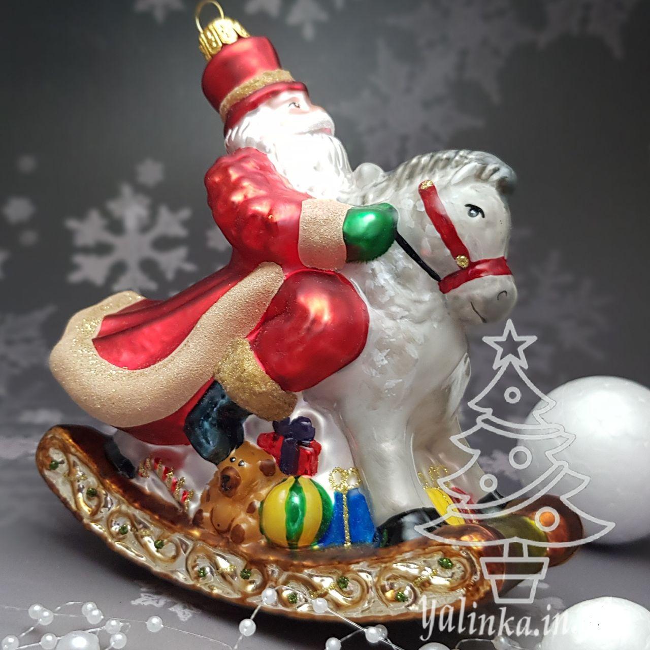 Скляна ялинкова іграшка Санта на лошадке качалке  Komozja Family Santa Claus