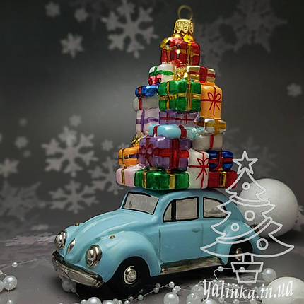 Скляна ялинкова іграшка Машина голубая с подарками Komozja Family Santa Claus, фото 3