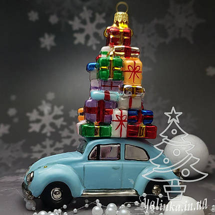 Скляна ялинкова іграшка Машина голубая с подарками Komozja Family Santa Claus, фото 1