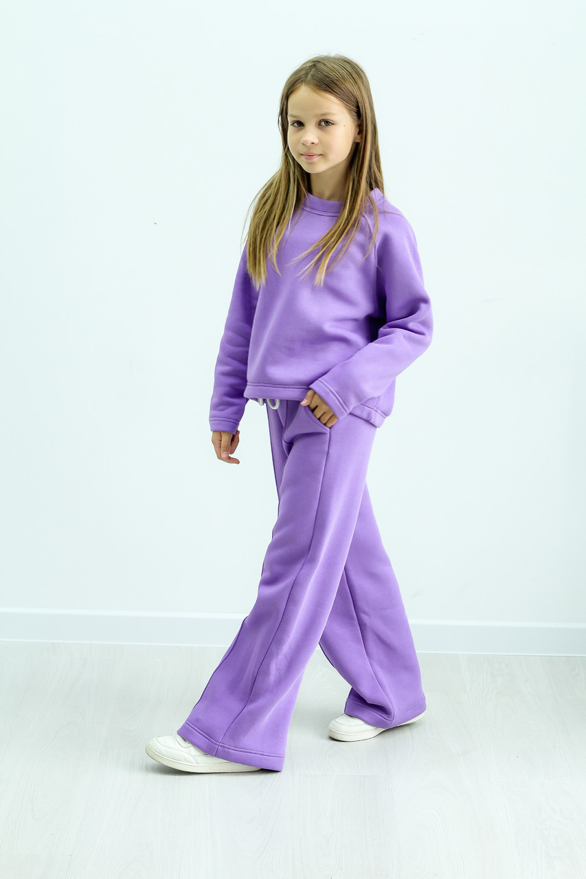 Костюм для дівчинки утеплений турецька тринитка на флісі кофта реглан і штани палацо-колір фіолетовий