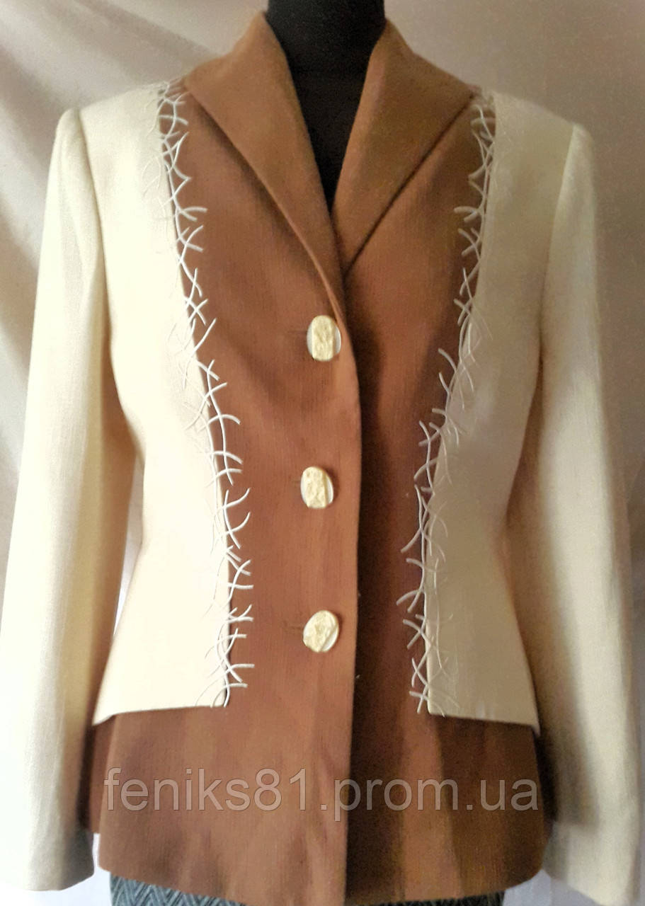 Тонкий лляний демісезонний жіночий молочний демісезонний піджак з довгим рукавом, розмір 42-44
