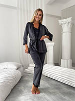 Пижамный костюм женский с велюра тройка (халат, майка, штаны) с гипюром и кружевом Серый, 42/44