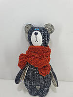 Новорічний ведмедик Тедді у червоному шарфику Hand made (сірий )