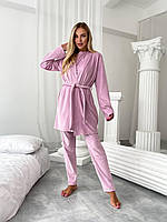Пижамный костюм /пижама женский с велюра тройка (удлиненный халат, футболка с рукавом, штаны прямые) розовый, 46/48