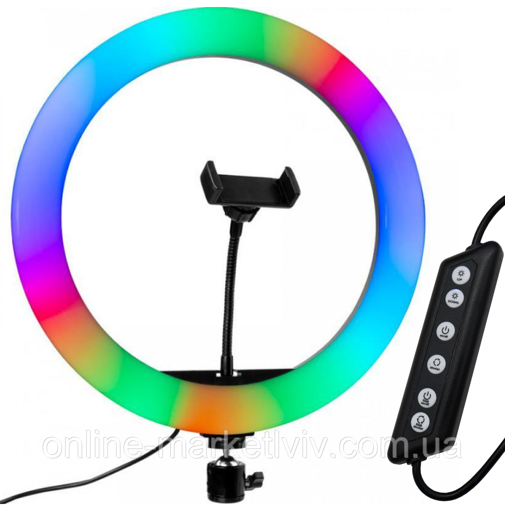 Кільцева лампа RGB 36 см, RD-14 Crystal Diamond Lamp / Світлодіодна лампа для селфі з тримачем для телефону