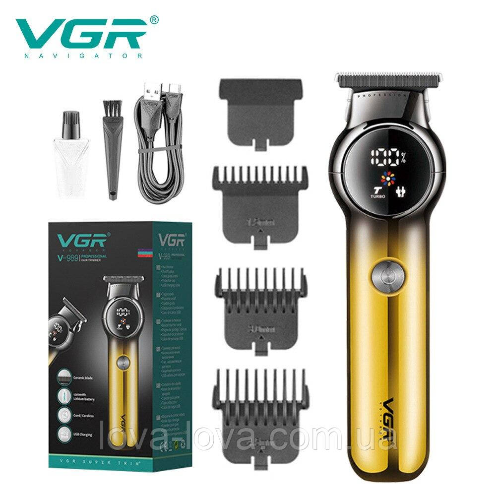 Акумуляторний тример для бороди та вусів VGR V-989 з LED-дисплеєм, режимом Turbo і 3 змінними насадками