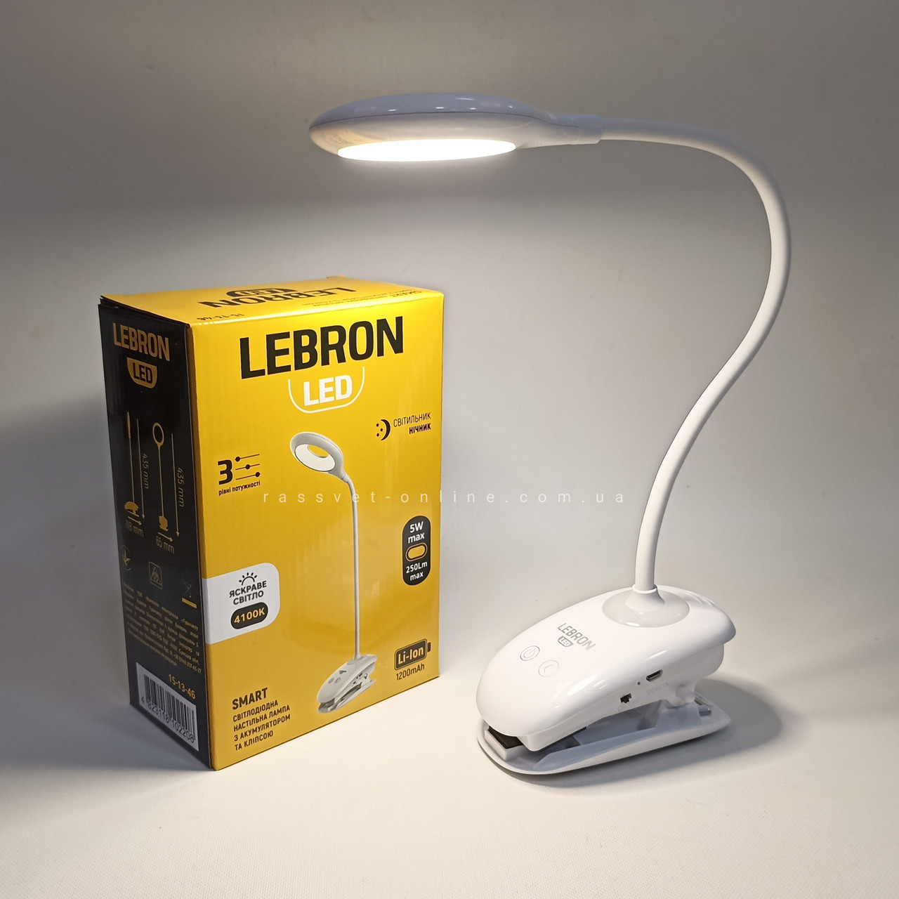 Настільна LED лампа з акумулятором Lebron 15-13-46 USB 5W 250Lm 4100K 1200mAh L-TL-L-Clip-46 (TLC-04W на прищіпці)