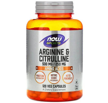Амінокислоти NOW Foods Arginine & Citrulline (500/250 mg) 120 Veg Caps, фото 1