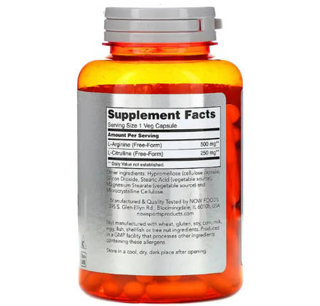 Амінокислоти NOW Foods Arginine & Citrulline (500/250 mg) 120 Veg Caps, фото 3