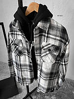 Мужская теплая рубашка в клетку (черно-белая) байковая уютная комфортная осенне-зимняя одежда sR169