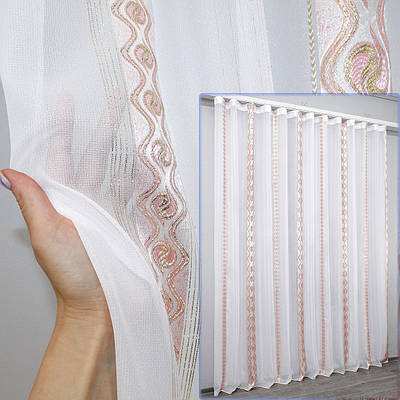 Тюль із креп-шифону. Колір білий із рожевим і золотистим. Код 1319т