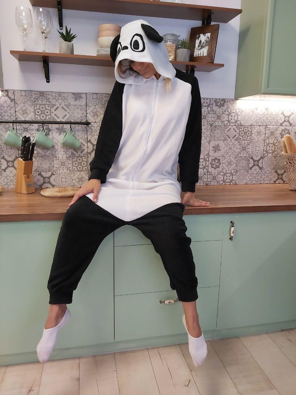 Кігурумі костюм піжама Панда з флісу (розміри на зріст від 155 до 180 см) чорно-білий, фото 1