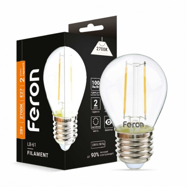 Світлодіодна LED лампа Feron LB-61 2W E27 Filament G45 куля 200Lm 2700K (тепле світло), фото 1