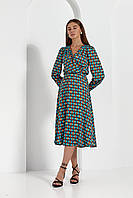 Женское демисезонное платье с деловом стиле с геометричным узором длины миди, бирюза размер 42