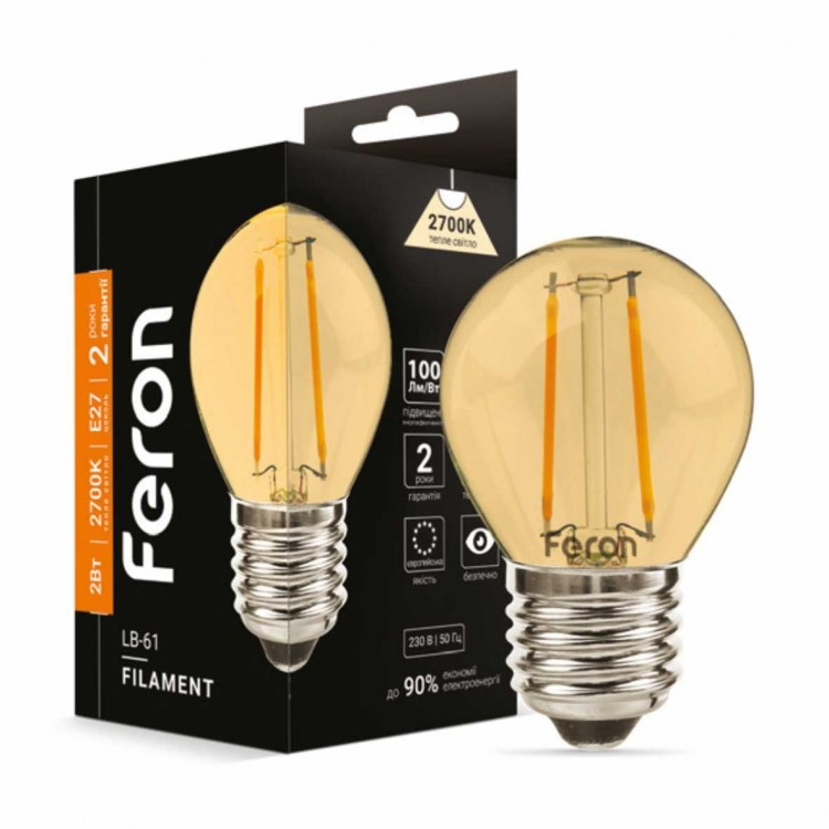 Світлодіодна LED лампа Feron LB-61 2W E27 Gold Filament G45 куля 200Lm 2700K (тепле світло) золото, фото 1