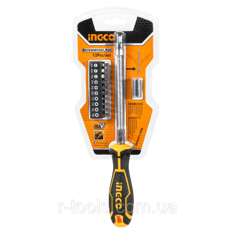 Викрутка з гнучким стрижнем 10 бітів INGCO AKSDFL1208