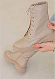 Зимові шкіряні черевики бежевого кольору на шнурівці та блискавкою, фото 2