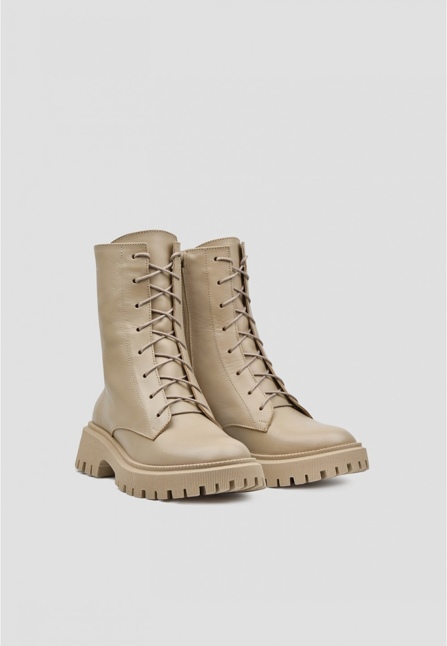 Зимові шкіряні черевики бежевого кольору на шнурівці та блискавкою, фото 1