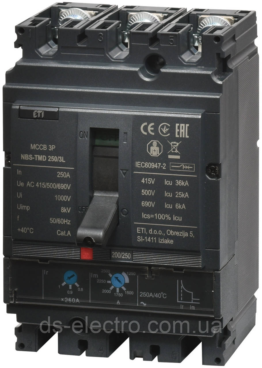 Автоматичний вимикач NBS-TMD 250/3L 200A (36kA, (0.8-1)In/(5-10)In) 3P