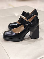 Мери Джейн женские туфли черные кожаные на высоком каблуке 70853-F1-H1084 Brokolli 3028
