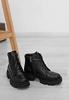 Демисезонные качественные кожаные черные ботинки на толстой подошве