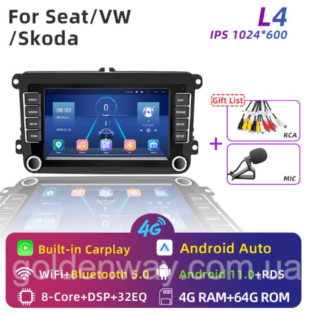 Штатна автомагнітола Pioneer L4 2+32 Gb 7" 4G Volkswagen Skoda Octavia Golf Tiguan Touran Passat Polo Jetta