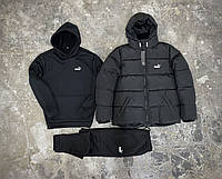 Комплект 3 в 1 Куртка зимняя черная + спортивный костюм Puma худи и штаны черного цвета Пума